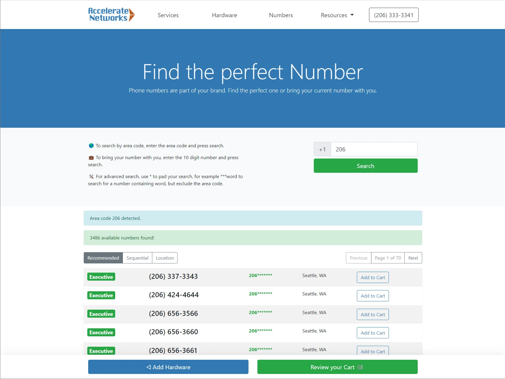 A 206 area code query in Number Search.